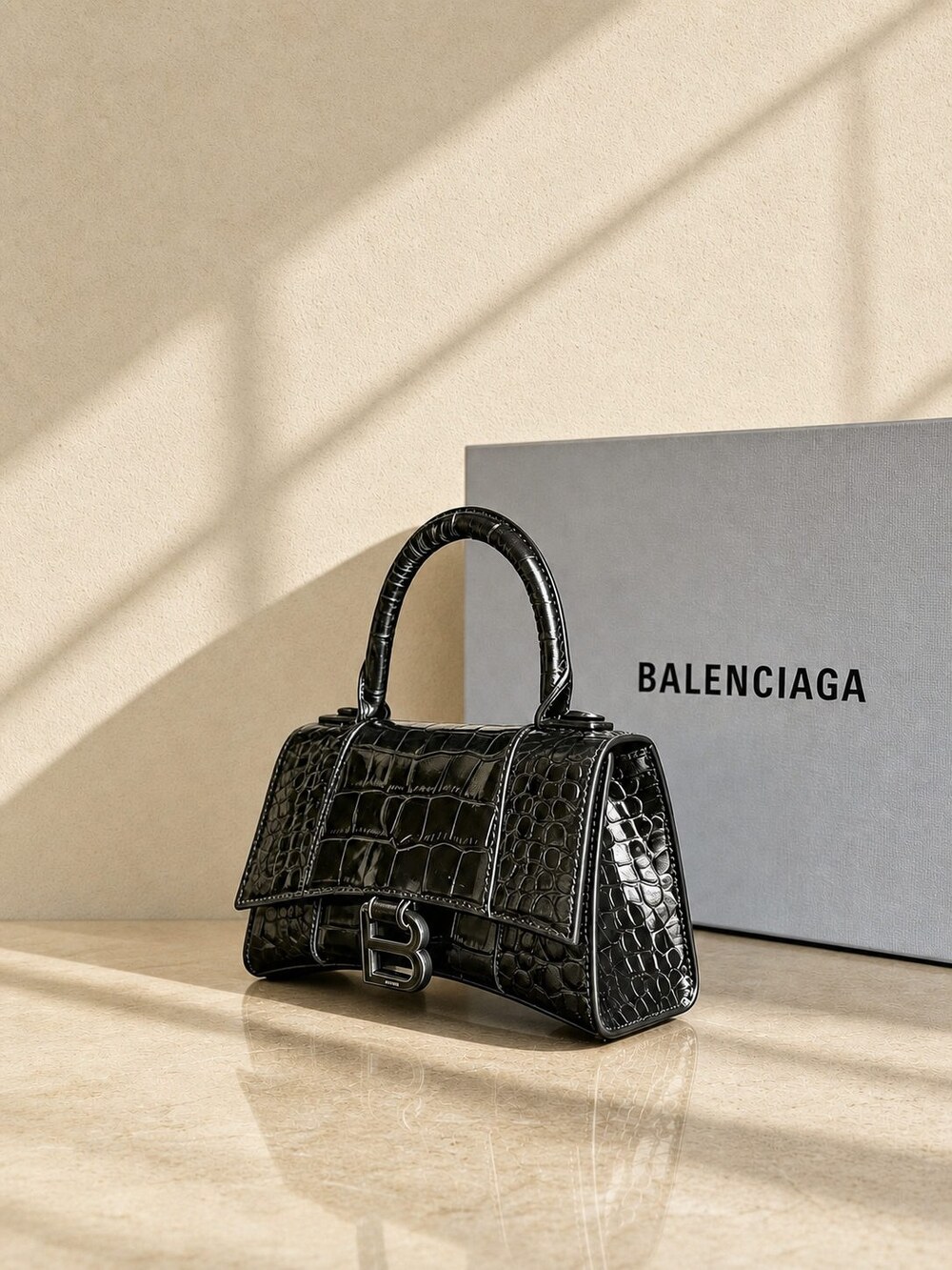 Balenciaga Black Croc Embossed Hourglass Handbag - Picture 5 of 6